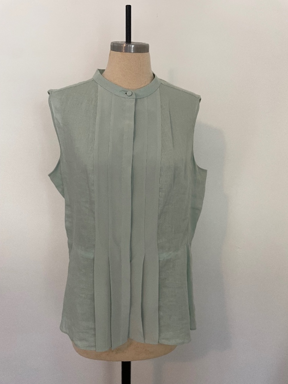 Tory Burch Blue Green Silk Linen Sleeveless Top, Button Up Solid Blouse, Size 12